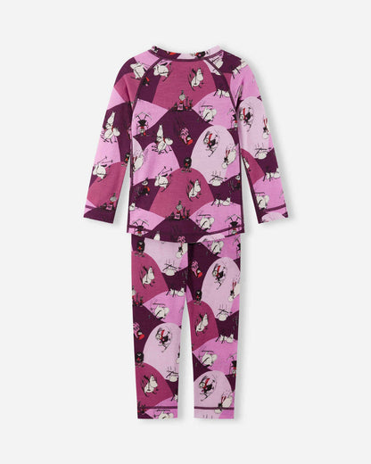 Children's pajama set with pink and purple design on a white background