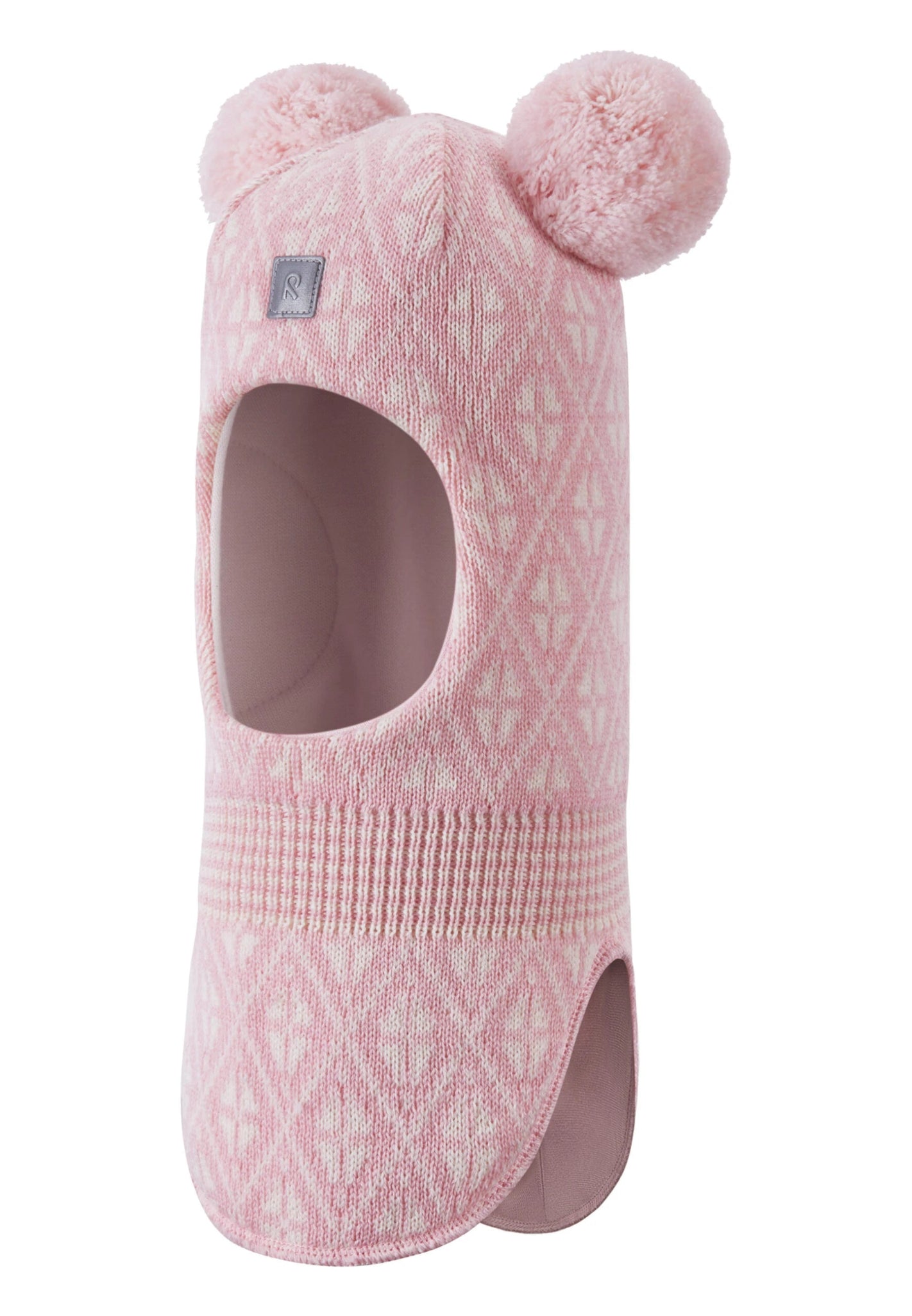 Pink baby balaclava with pom-poms on a white background