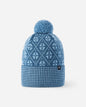 Blue knit beanie with a pom-pom on a white background