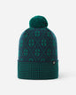 Green knit beanie with pattern and pom-pom on a white background