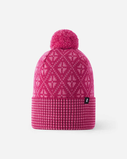 Pink knit beanie with a pom-pom on a white background