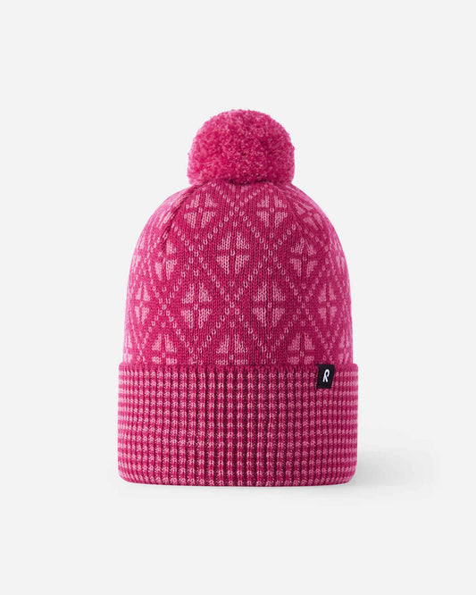Pink knit beanie with a pom-pom on a white background