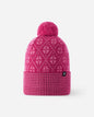 Pink knit beanie with a pom-pom on a white background