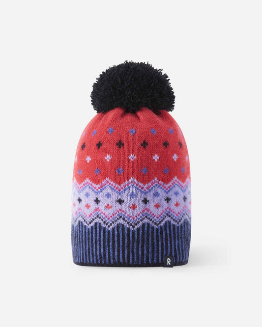 Knitted beanie with a colorful pattern and black pom-pom on a white background