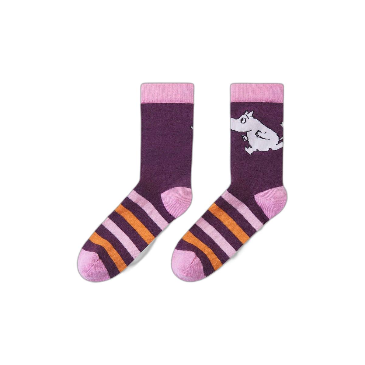 Pair of socks with striped pattern and cartoon character on a white background