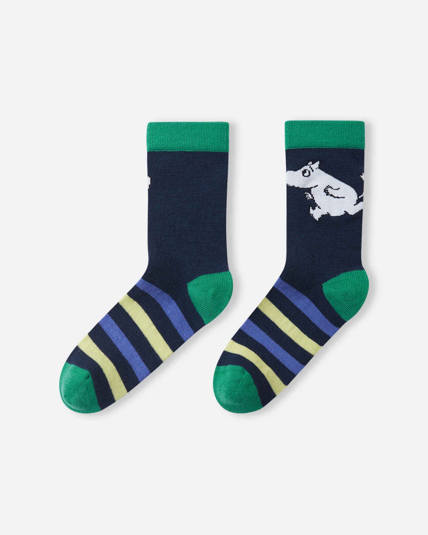 Pair of socks with striped pattern and cartoon character on a white background