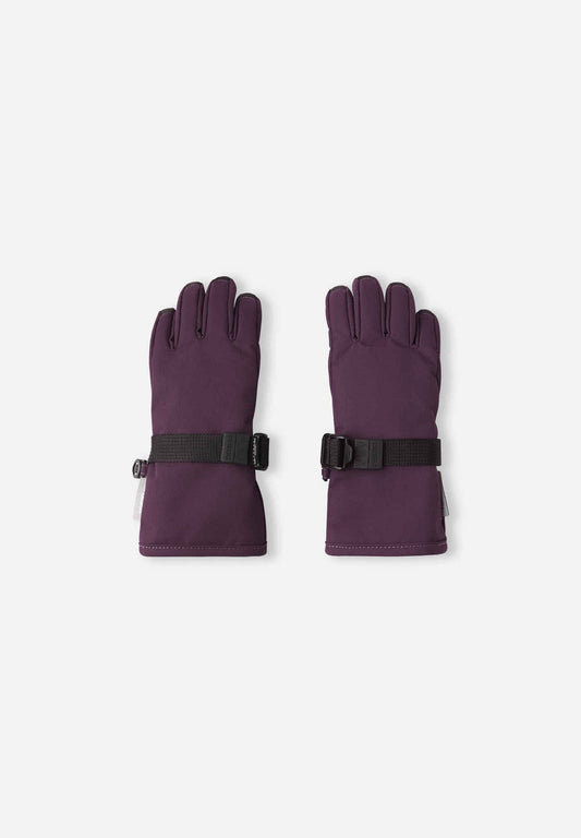 Pair of purple gloves with black straps on a white background
