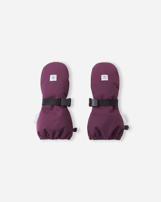 Pair of purple baby mittens with black straps on a white background