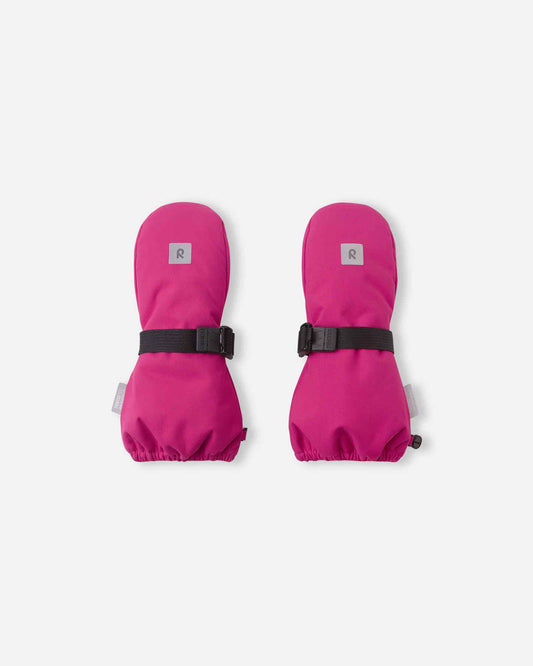 Pair of pink mittens with black straps on a white background