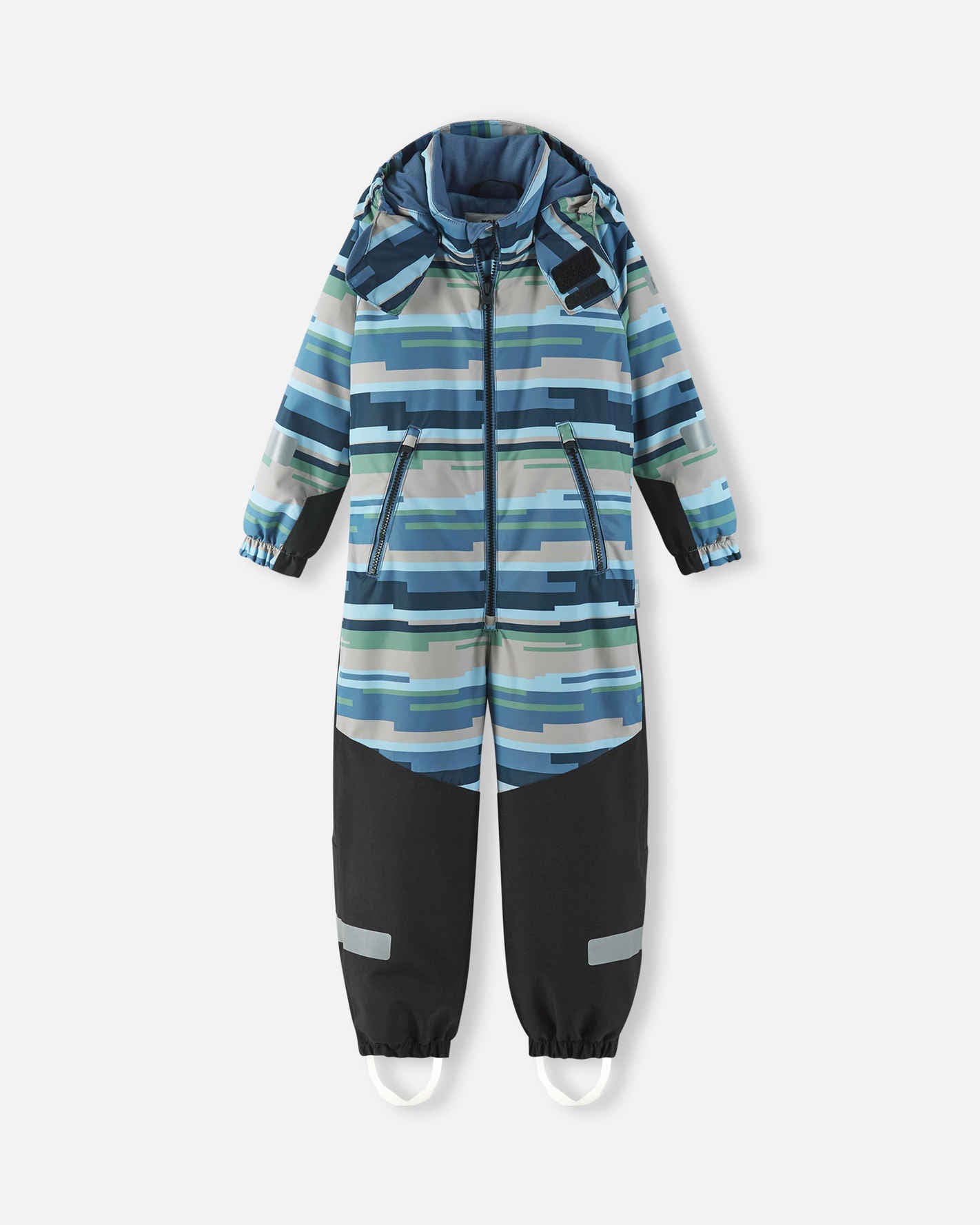 Children's snowsuit with blue and gray striped pattern on a white background