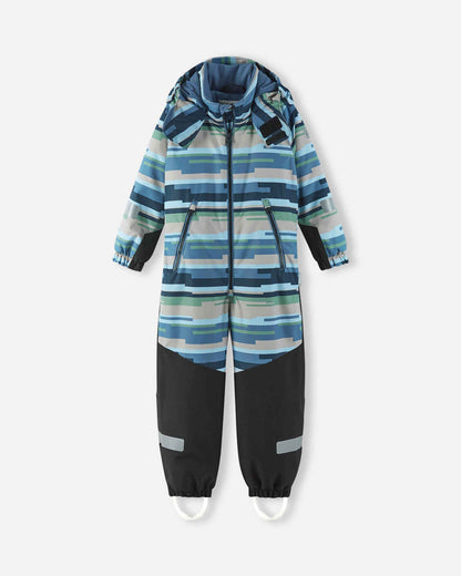 Children's snowsuit with blue and gray striped pattern on a white background