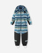 Children's snowsuit with blue and gray striped pattern on a white background
