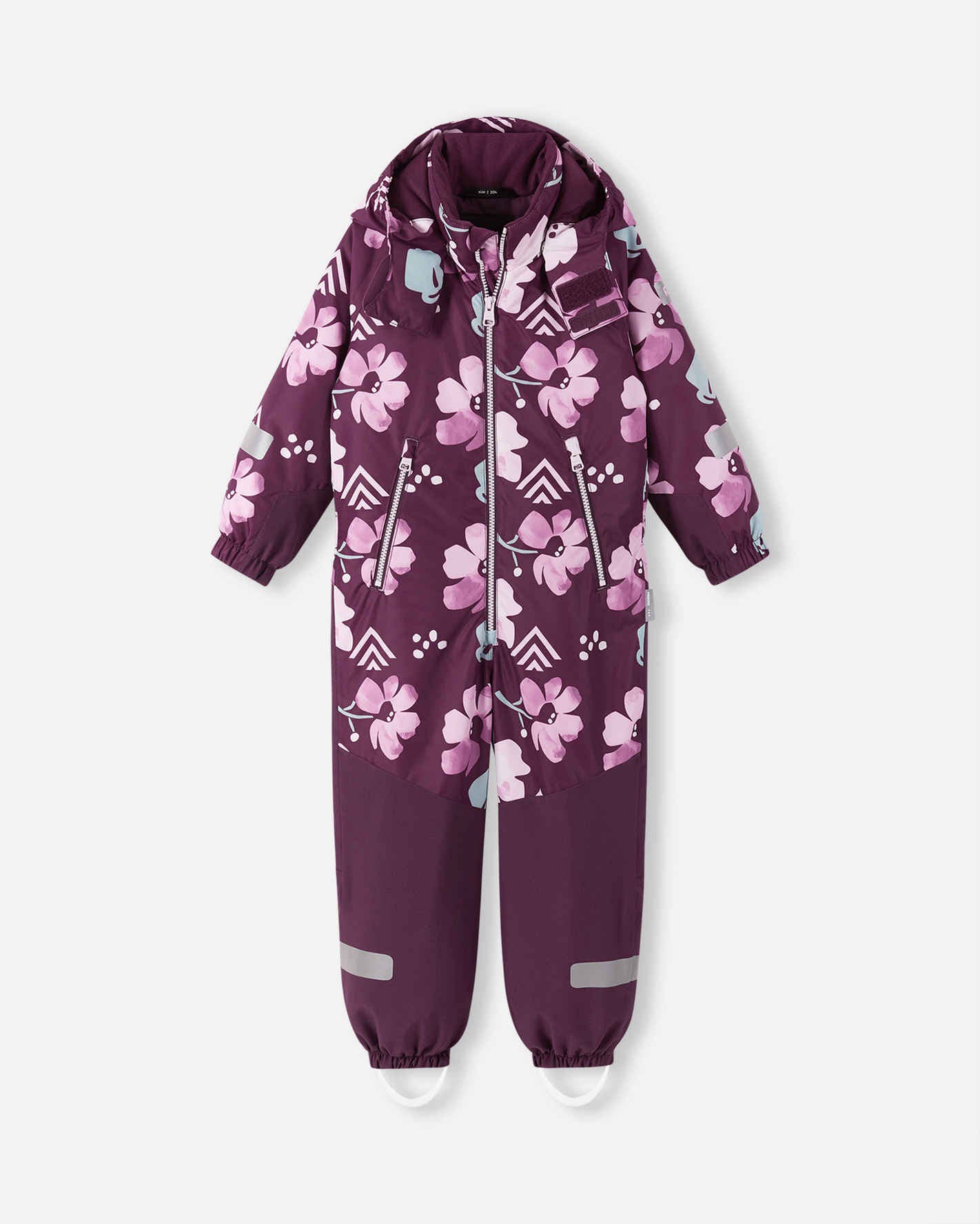 Purple children's snowsuit with floral pattern on a white background
