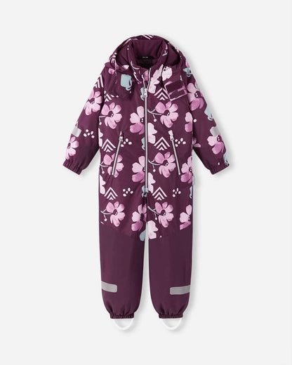 Purple children's snowsuit with floral pattern on a white background