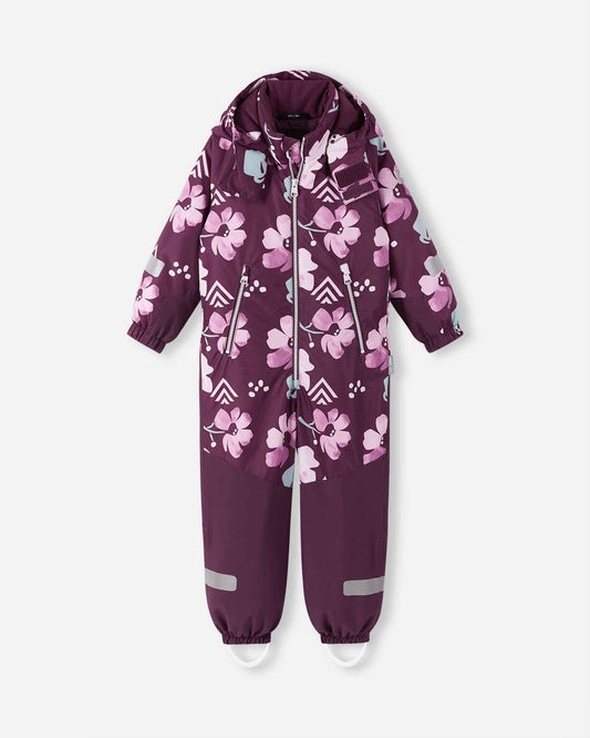 Purple children's snowsuit with floral pattern on a white background