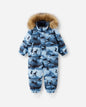 Children's snowsuit with camouflage pattern and fur-lined hood on a white background