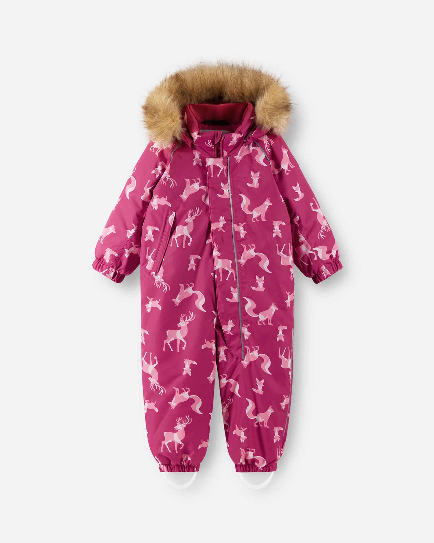 Pink snowsuit with animal patterns and fur hood on a white background