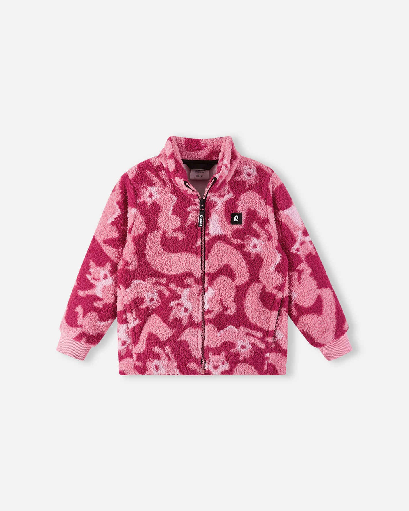 Pink fleece jacket with dragon pattern on a white background