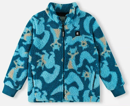 Blue camouflage jacket with a brand logo on a light gray background