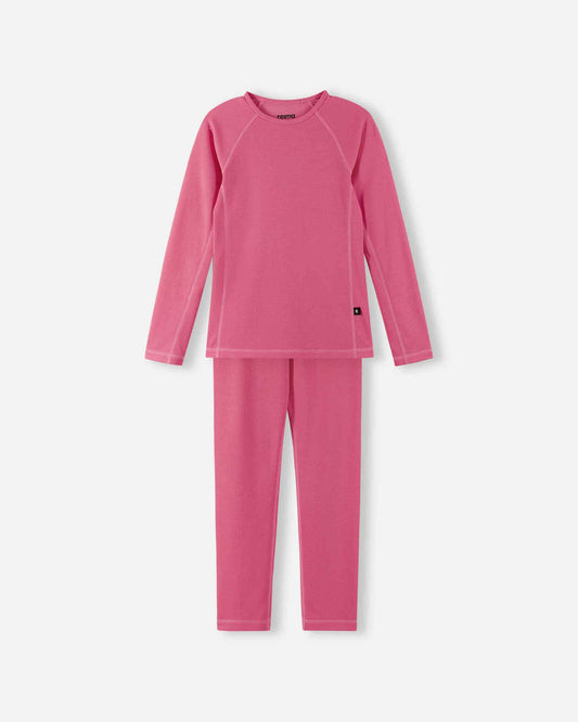 Pink children's long-sleeve shirt and pants set on a white background