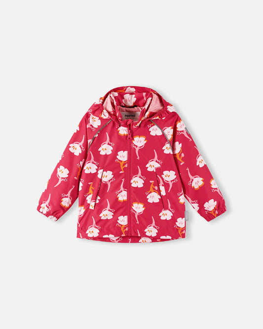 Pink floral-patterned raincoat on a light gray background
