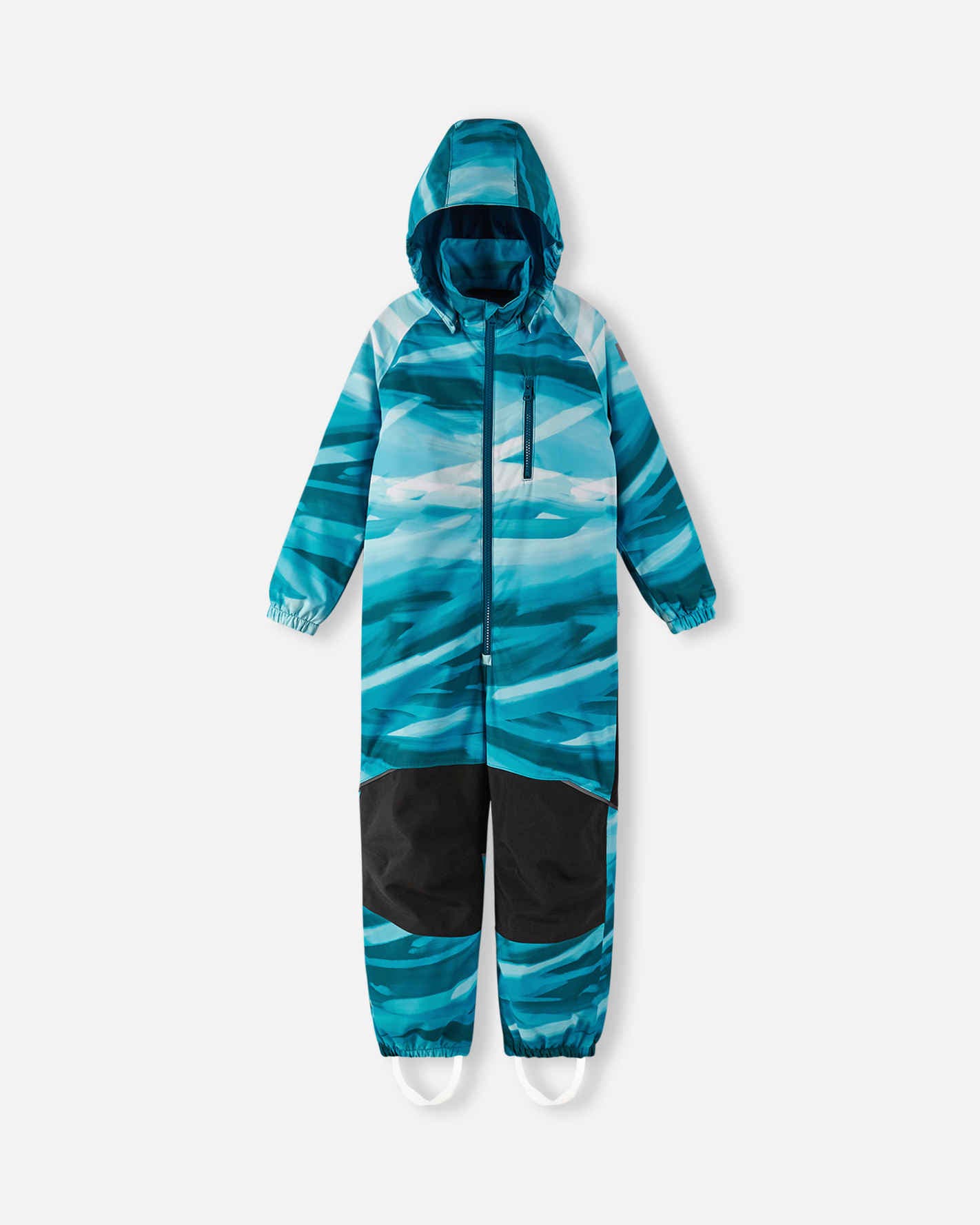 Blue and black patterned snowsuit on a white background