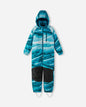 Blue and black patterned snowsuit on a white background