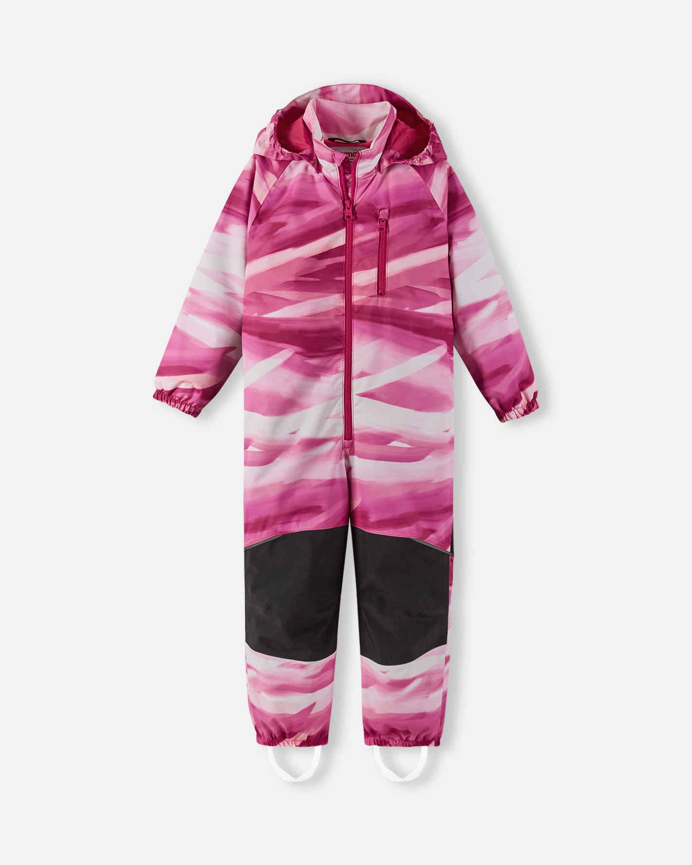Pink and black patterned snowsuit on a white background