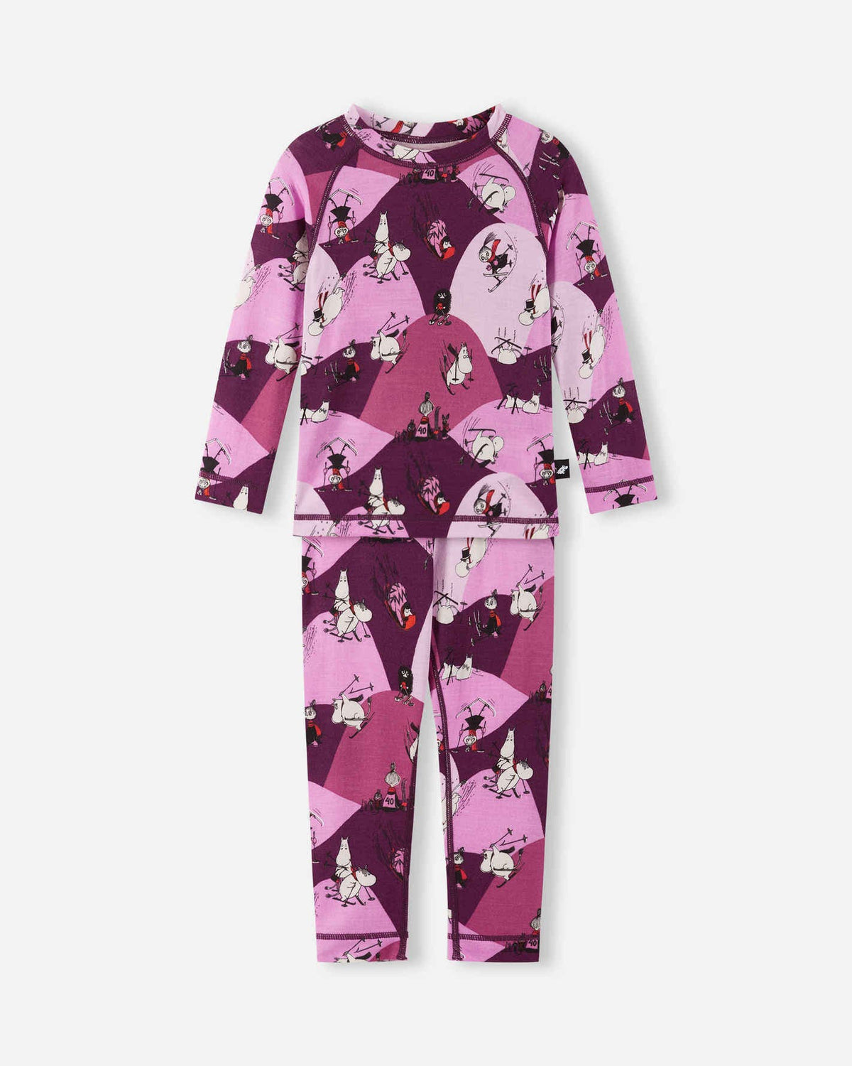 Children's pajama set with pink and purple design on a white background