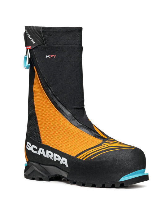 Black and orange climbing boot with 'Scarpa' branding on a white background