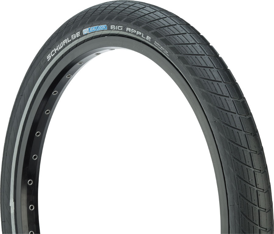 Close-up of a Schwalbe bicycle tire with tread pattern and branding on a white background