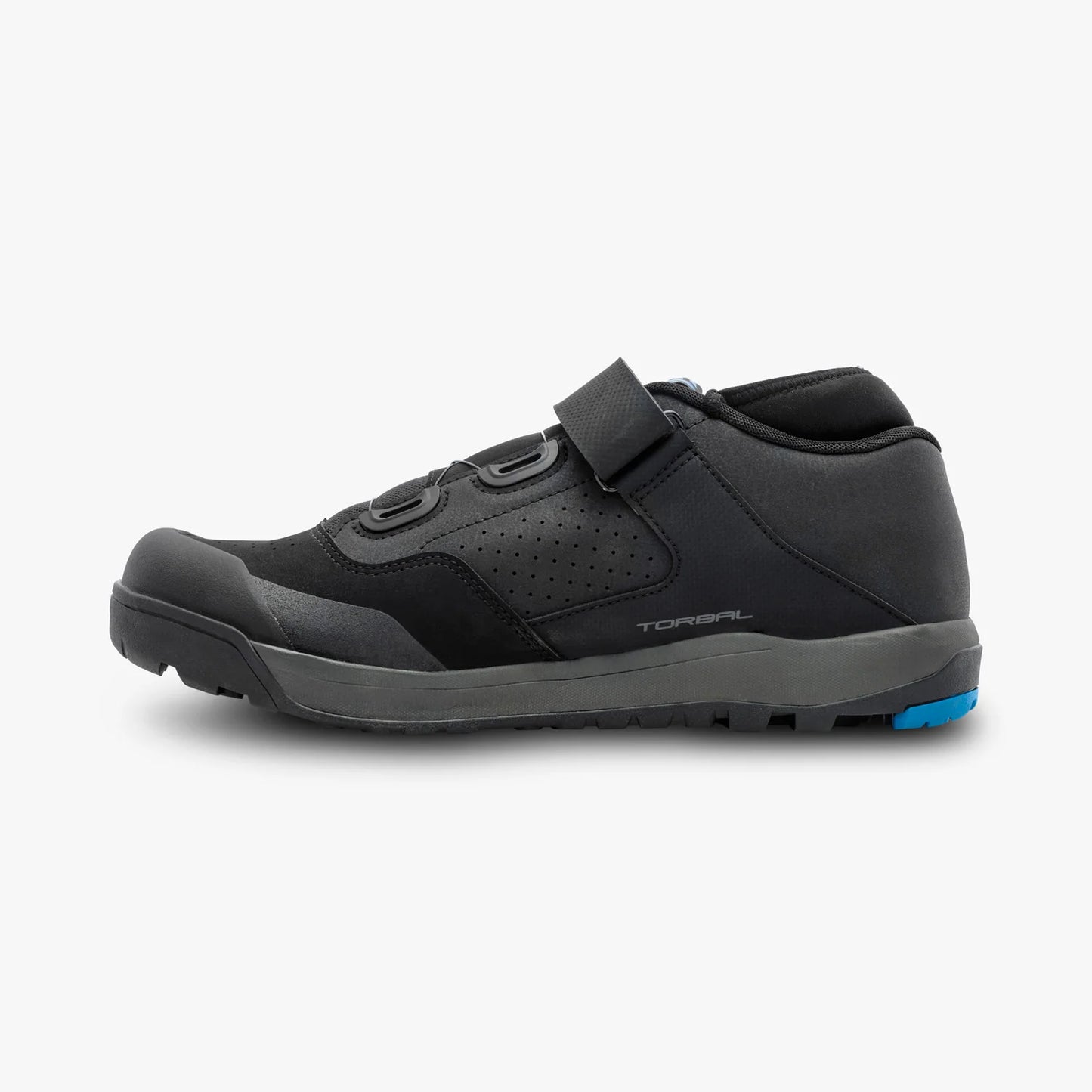 Black athletic shoe with a blue sole on a white background