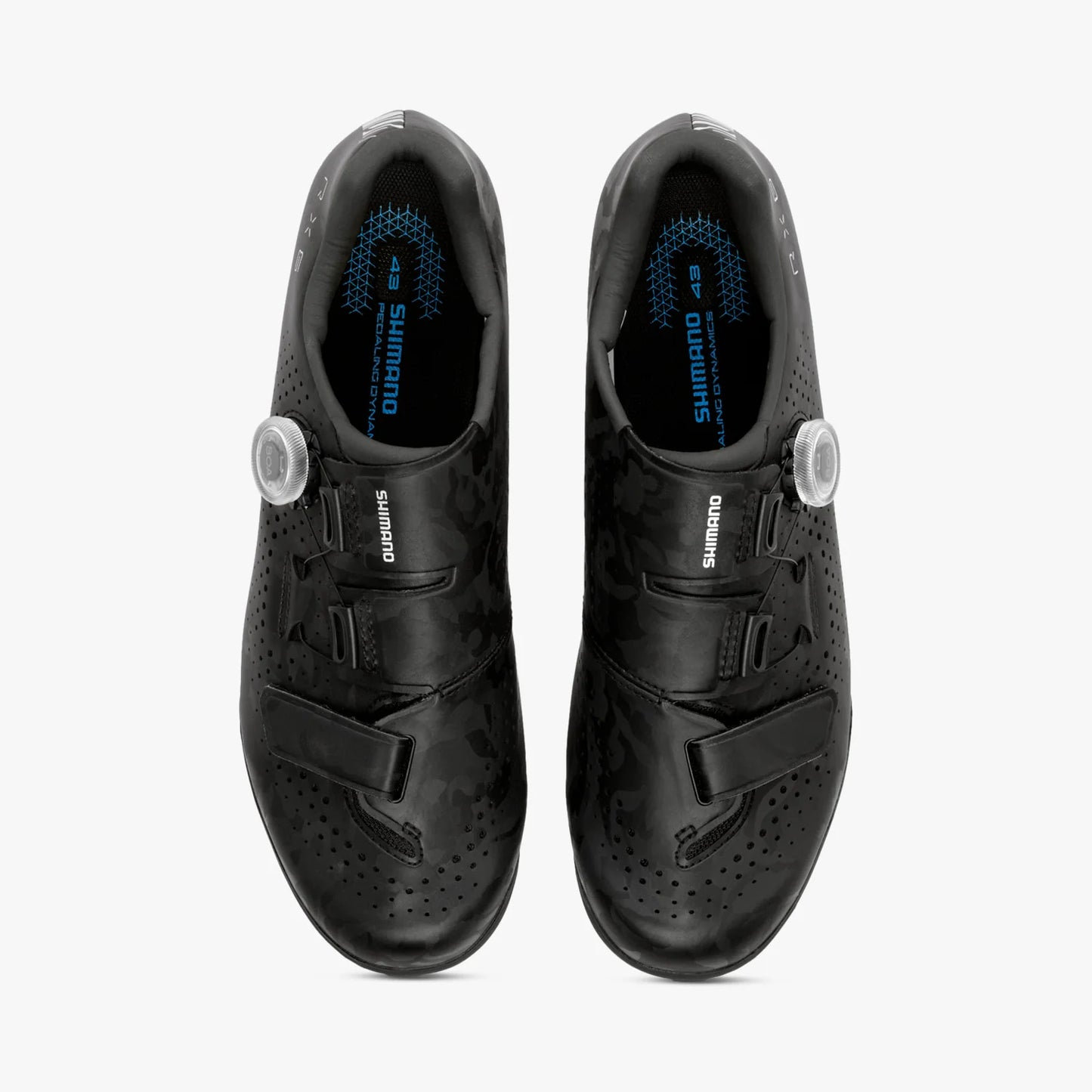 Pair of black Shimano cycling shoes on a white background