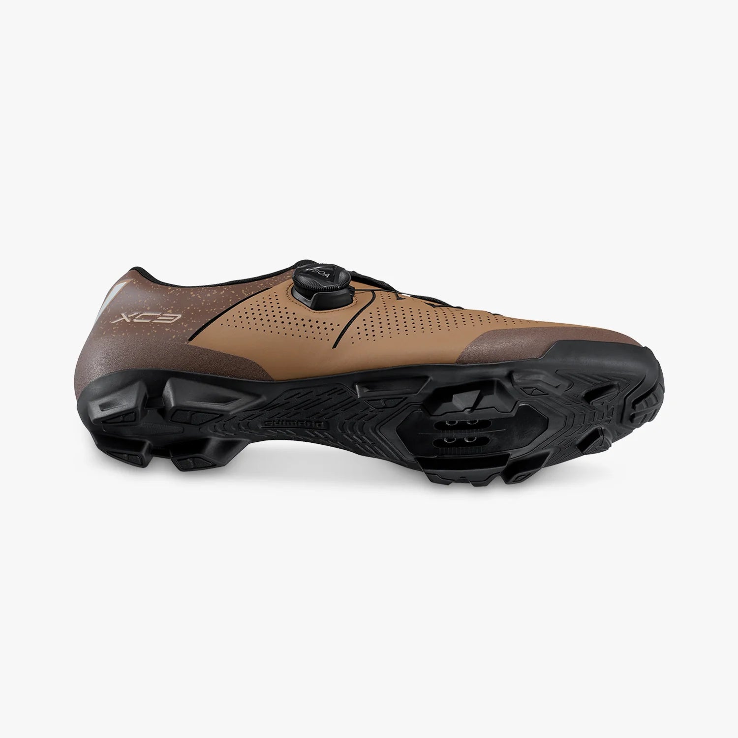 Brown cycling shoe with black sole on a white background