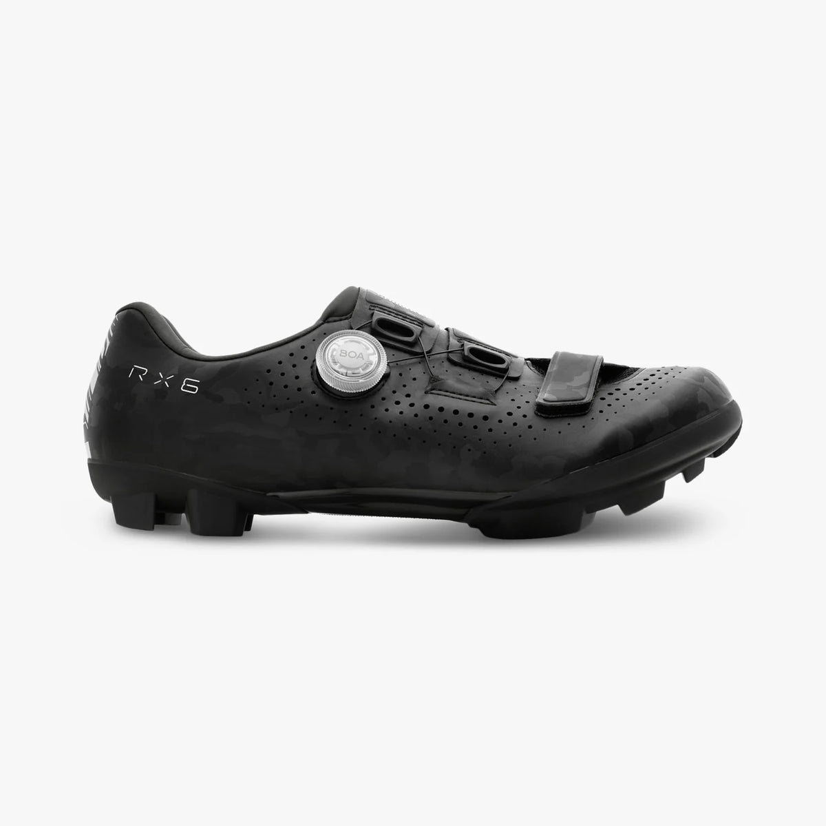 Black cycling shoe with 'RX6' branding on a white background