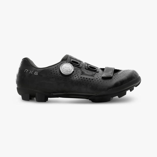 Black cycling shoe with 'RX6' branding on a white background