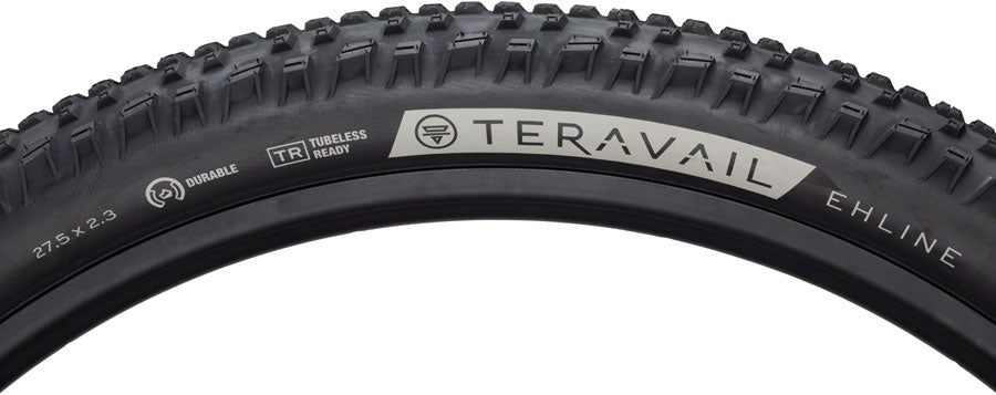 Close-up of a Teravail bicycle tire with tread pattern and branding.