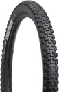 Tire with tread pattern and branding on a white background