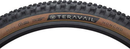 Close-up of a Teravail Honcho bicycle tire with tread pattern and branding.
