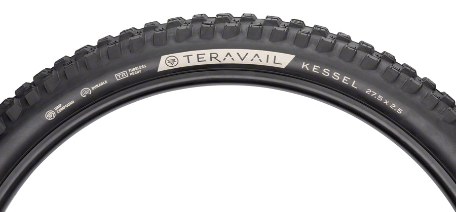 Close-up of a Teravail Kessel mountain bike tire on a white background