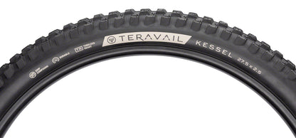 Close-up of a Teravail Kessel mountain bike tire on a white background
