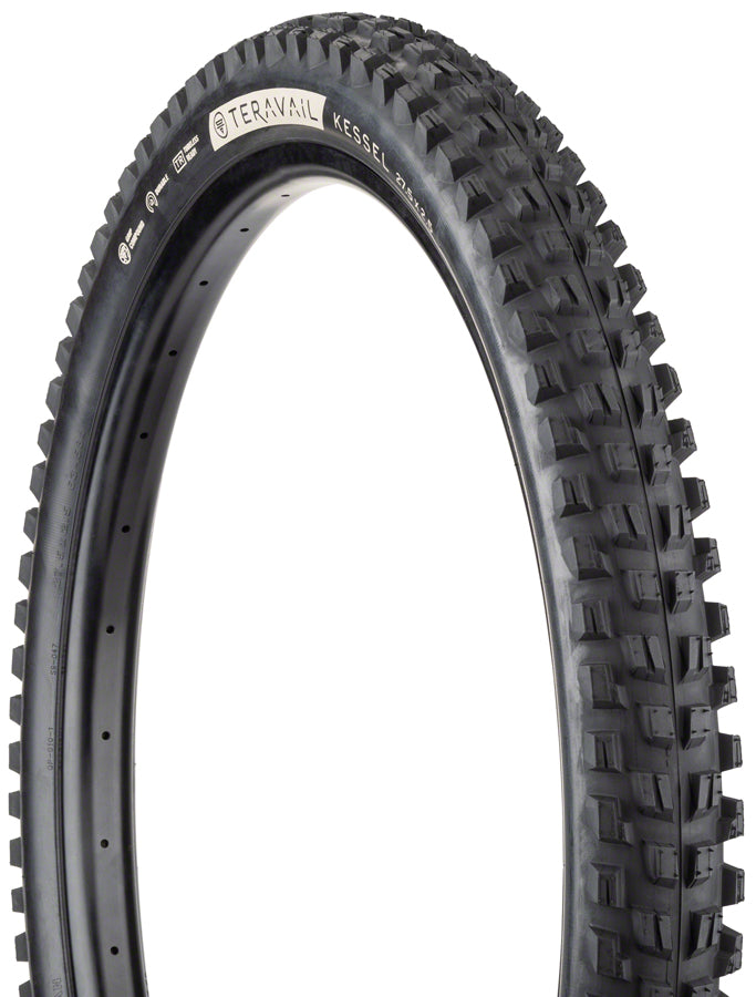 Close-up of a Teravail Kessel mountain bike tire on a white background