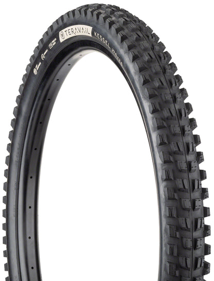 Close-up of a Teravail Kessel mountain bike tire on a white background