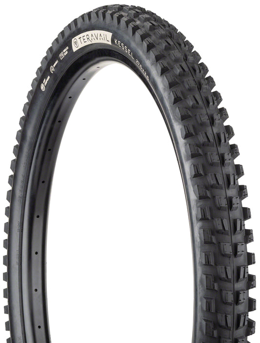 Close-up of a Teravail Kessel mountain bike tire on a white background