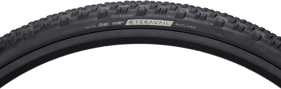 Close-up of a bicycle tire with Teravail branding on a white background
