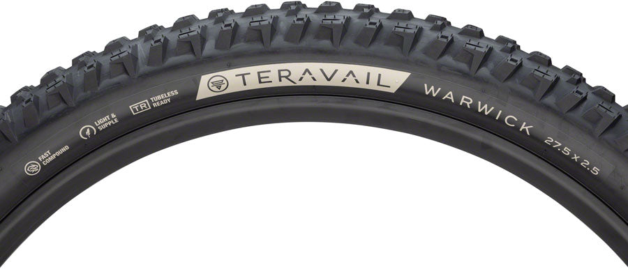 Close-up of a Teravail Warwick bicycle tire with tread pattern and branding.