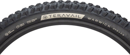 Close-up of a Teravail Warwick bicycle tire with tread pattern and branding.