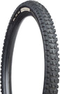 Black off-road tire with tread pattern on a white background