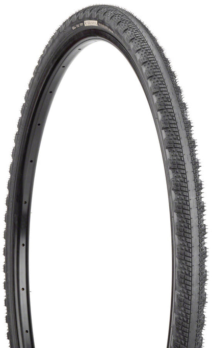 Bicycle tire with tread pattern on a white background