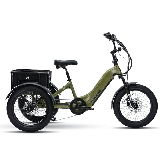 An olive green electric tricycle with a black cargo box, black saddle, and black tires, shown from a side profile on a white background.